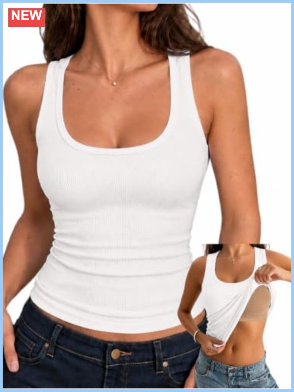 Racerback Built in Bra Tank Top Women Ribbed Fitted Square Neck Cami